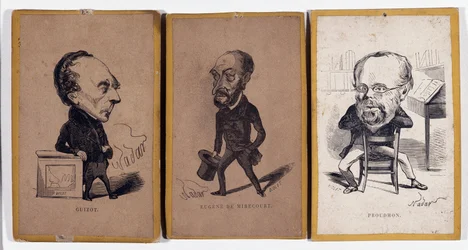 3 Portraits-charge: Francois Pierre Guillaume Guizot, Charles Jean-Baptiste Jacquot dit Eugene de Mirecourt, and Pierre-Joseph Proudhon