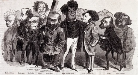 Portraits of writers Paul de Kock (1793-1871), Emile Augier (1820-1889), Eugene Scribe (1791-1861), Felix Nadar, Alphonse Karr (1808-1890), Alexandre Dumas pere (1802-1870) and Alexandre Dumas Jr. (1824-1895), Joseph Mery (1798-1866) and Leon Gozan (1803-1