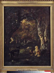 Dogs in the forest, Painting by Narcissus Diaz de la Pena
