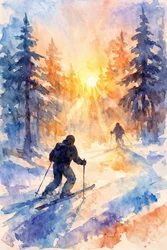Winter Skiers Sunrise