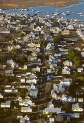 Aerial photograph of houses along King Street, the settlement spine of Tangier Island
