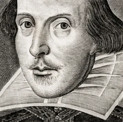 Detail of Portrait of William Shakespeare on frontispiece of Comedies, histories