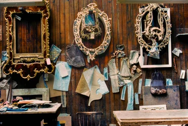 Mirror or Looking Glass Frames Await Gilding in Workshop of a Furniture Restorer in London, UK