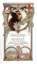 Rooster and Monuments, banquet menu of the Republican Committee on Trade, Industry and Agriculture offered 22.11.1906 to the delegates of the City of London International Commercial Association