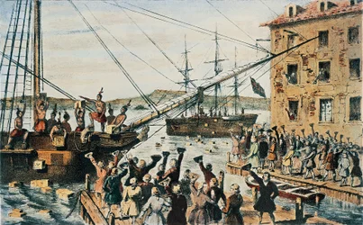 Boston Tea Party, English Tea Chests Thrown Overboard in Boston Harbor by Colonists, December 16