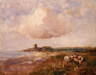 Irish Coastal View with Boy and Cattle