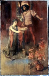 The Crystal Ball. A Woman Kneels Before a Crystal Ball, a Man Waits Behind Her with a Mix of Fear and Curiosity. Painting by Nelly Erichsen. Private Collection