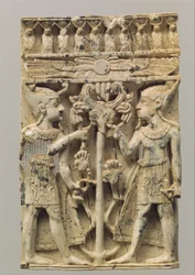 Furniture Plaque Carved in High Relief with Two Egyptianizing Figures Flanking a Volute Tree, c.9th-8th Century BC