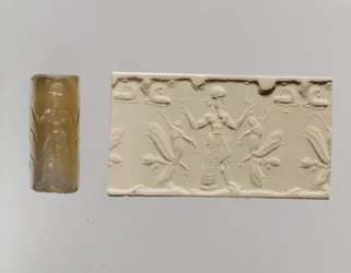 Cylinder Seal and Modern Impression: Male Figure Dominating Human-Headed Winged Lions, c. 8th-7th Century BC