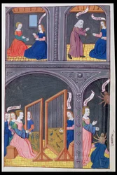 Ms 324 f.62 v. Arachne challenges Pallas and becomes a spider, from Metamorphoses 6 by Ovid, 1479