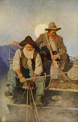 Diligence Driver and Guard with an Army Crossing the Western Regions. Reproduction of a Painting by N.C. Wyeth.