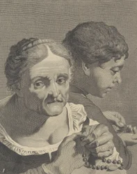 Copy in reverse of an old woman with a rosary and a boy counting coins, plate 10