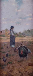 A Young Girl Feeding Turkeys