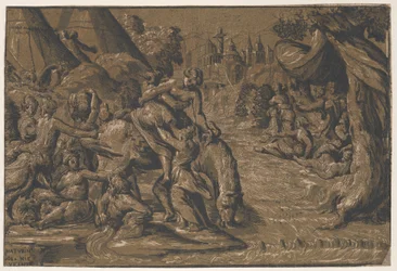Cloelia the Roman hero in the centre being helped onto a horse, Rome in the background, 1540-50