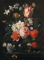 A Rose, a Tulip, Morning Glory and Other Flowers in a Glass Vase on a Stone Ledge