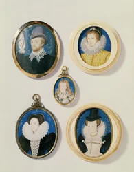 Miniatures, from L to R, T to B: Man with a Hand from a cloud; Unknown Young Man, 1588; Mrs Holland aged 26, 1593; Arabella Stuart, Duchess of Lennox; Unknown Lady
