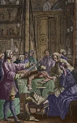 Electrical Experiment Made on a Man by Abbe Jean Antoine Nollet in a Physicist Cabinet, Frontispiece Illustration from Essai sur l