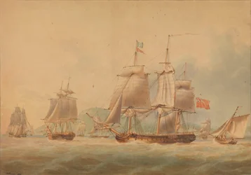 A convoy departing, accompanied by a frigate [possibly the 