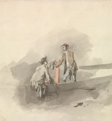 Two Men in a Boat Clinking Tankards (?)