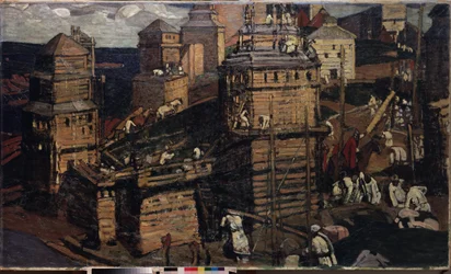 Building a Town. (for a rural community in Ukraine). Painting by Nicholas Roerich