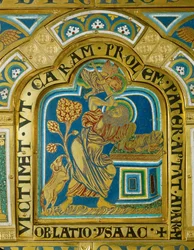 The angel prevents Abraham from sacrificing Isaac, and points to the ram