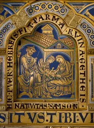 Verdun Altar made in gold and enamel by Nicolas de Verdun (ca.1130/50-1205): scenes from the Old and New Testament: detail representing the birth of Samson