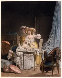 The comparison. Two women compare the size of their chest. Engraving by Nicolas Lavreince, circa 1782.