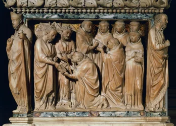 The Apostles Peter and Paul appear to Saint Dominic, decorative relief from Arca di San Domenico, marble, Chapel of San Domenico, Basilica of San Domenico, Bologna, Emilia-Romagna, Italy