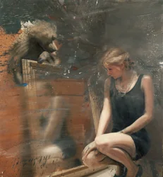 Woman in the mirror with baboon, 2019
