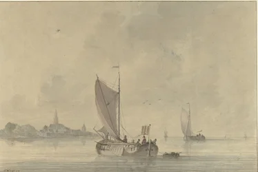 Sailing Boats on the Water in Front of a Dutch Town