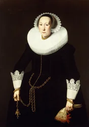 Portrait of a Lady, Standing Three Quarter Length, Wearing an Elaborate Black Costume, a White Ruff, and Lace Cuffs, Holding a Gold Chain and a Pair of Gloves