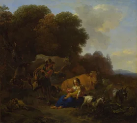 A Peasant Playing a Hurdy-Gurdy to a Woman and Child