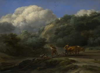 A Man and a Boy Plowing with Oxen
