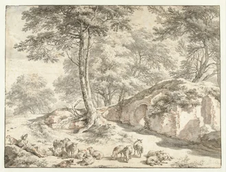 Shepherd with Sheep by a Ruin Among Trees