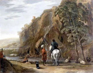 Italianate landscape with figures and a horse on a road