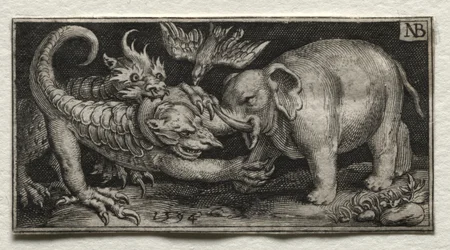 Elephant Fighting Two Beasts