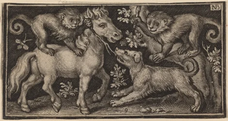 Horse with Two Monkeys and a Dog