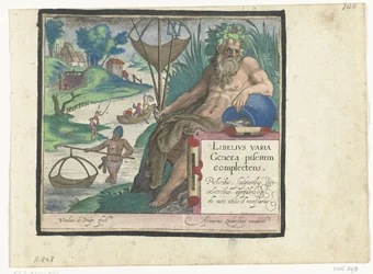 Title Page with Title and River God with Trident and Fishing Net in Landscape with Fishermen (Libelivs varia Genera piscium complectens)