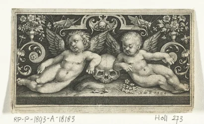 Two Fighting Children Riding Goats, Flanked by Children Blowing Trumpets