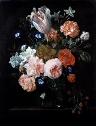 A Tulip, Carnations, and Morning Glory in a Glass Vase