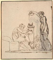 A genio lumen. A seated woman writes, to her right another woman pours oil into a lamp