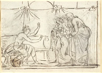 Antique Scene. A Seated Crowned Hero Speaks to a Group of Four Figures, Including a Little Girl and an Old Man