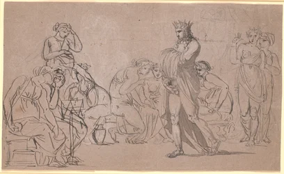 A Crowned Male Figure Showing His Genitals in the Midst of a Crowd of Sitting and Standing Women