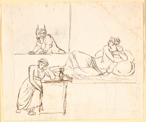 A Woman Lying with an Infant on a Bed, Sees a Monster Appearing in the Window. At the Foot of the Bed Sits a Sleeping Woman