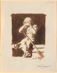 A Little Crying Boy Sitting with a Spade or an Oar on the Edge of a Boat (?)