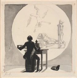 A Man with a Magic Lantern Shows a Picture of the Decline of Trade and Craftsmanship - the Lame Mercury, the Sleeping Vulcan etc.