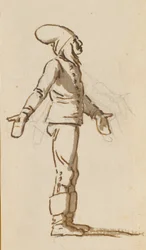 A Standing Boy with a Large Hat and Mittens on Outstretched Hands