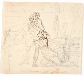 A Young Woman Kneeling and Embracing a Naked Hero