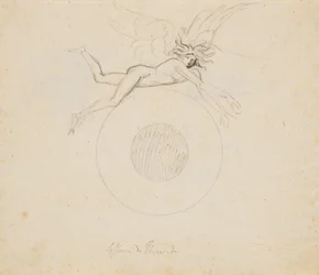 A Winged Genius, Floating Over a Globe, Indicated with a Pair of Circular Arcs