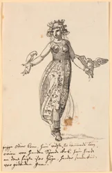 Frigga Walking with a Pair of Hawks on Outstretched Arms. Along with Some Lines of the Artist